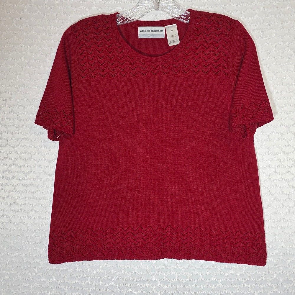 Alfred Dunner Petite Red Short Sleeve Pointelle Knit Sweater Top Size PS